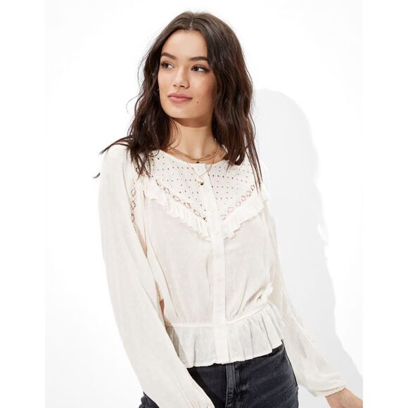 American Eagle Lace Button Up Top Lace Ruffle Boho Long Sleeve Cream Large - Picture 12 of 12
